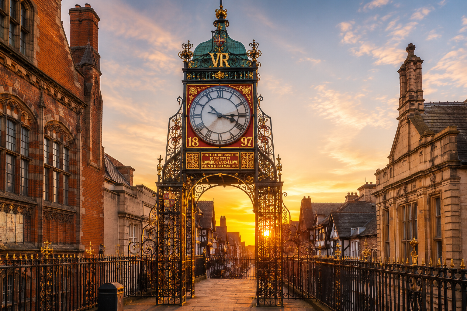 Eastgate Clock in Chester at sunset